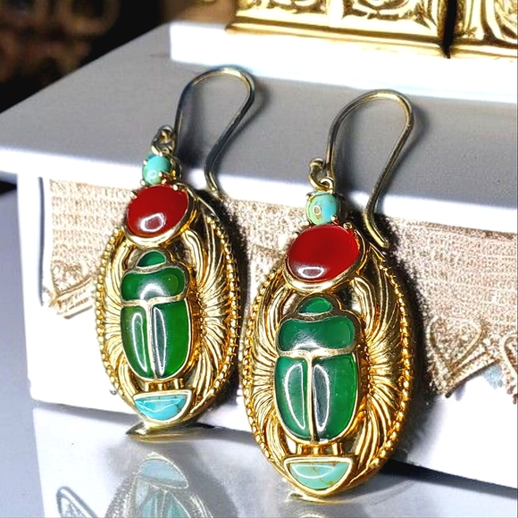Bankok Ratnaraj BBJ JTV Gold Plate Egyptian Revival Scarab Earrings Gemstone - Picture 2 of 5